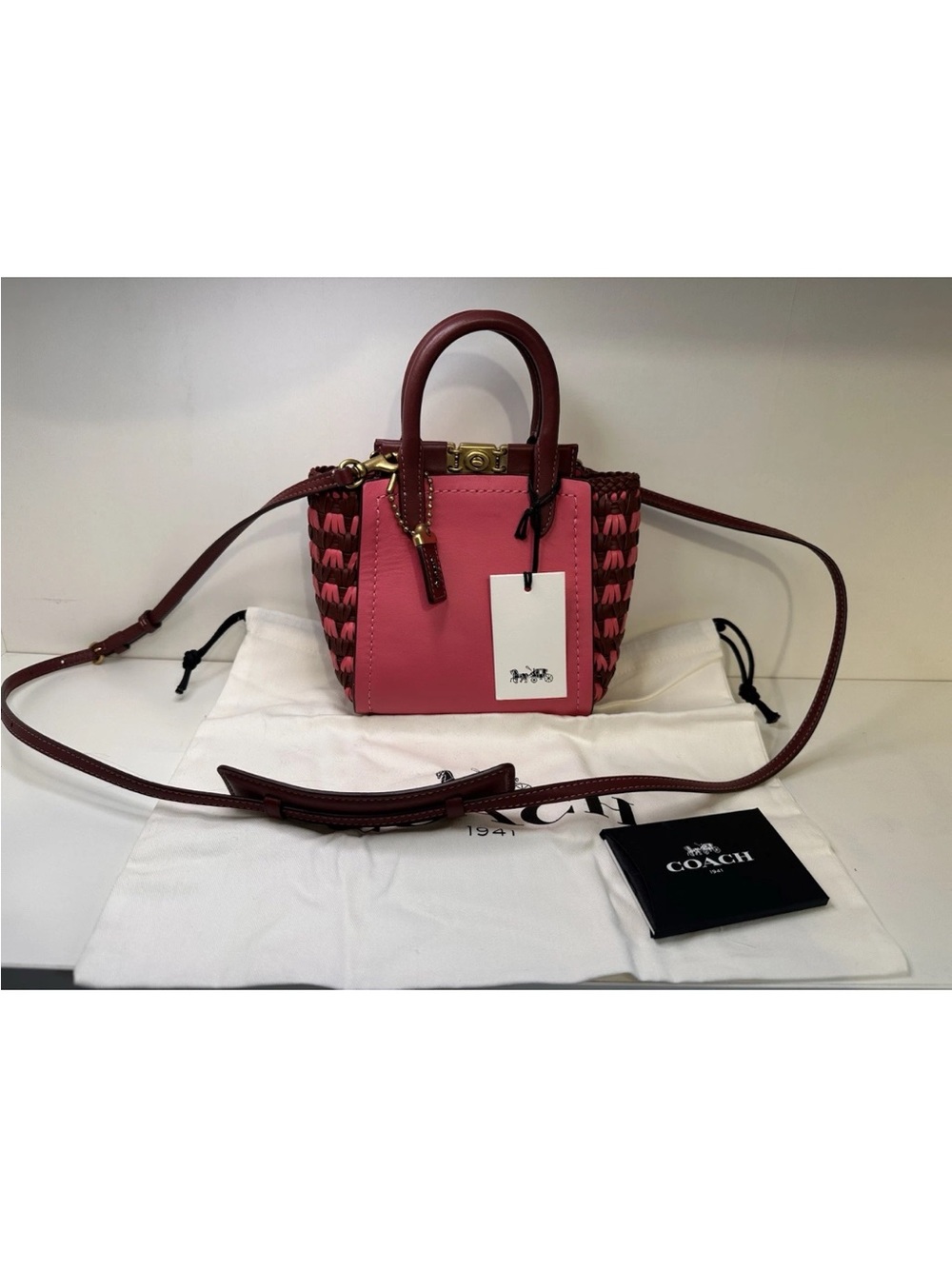 Coach Troup tPink and Maroon Woven Leather Mini Tote
